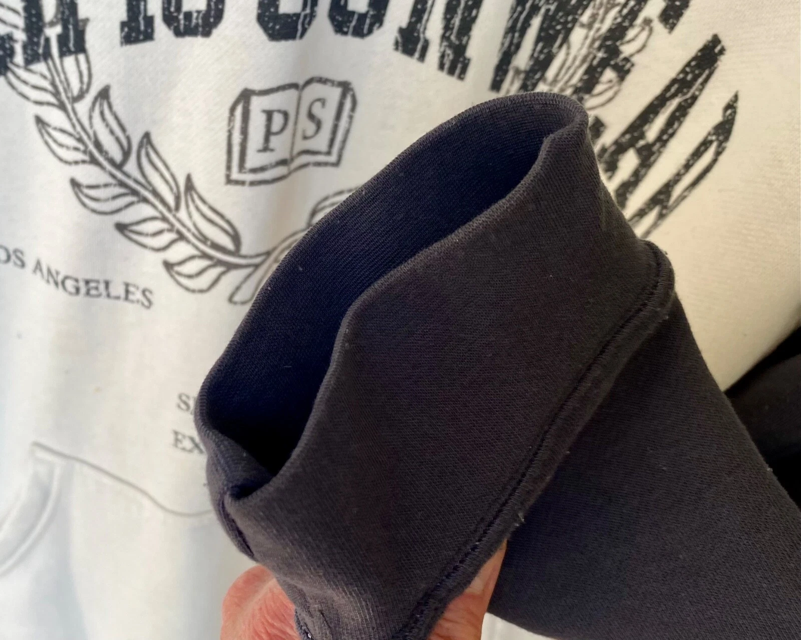 OFF WHITE XCLNT! Felpa con cappuccio pullover Pacific Sunwear Arch logo bianco sporco e marino!