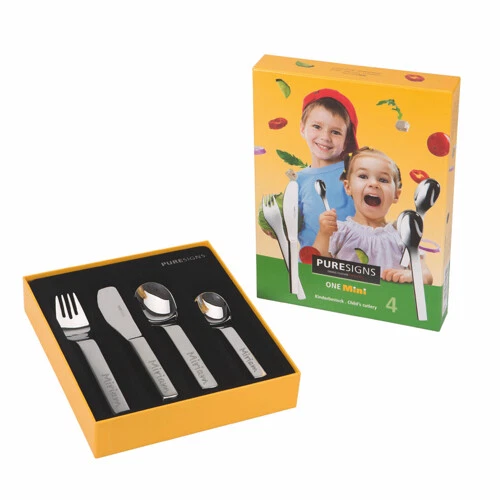 PURESIGNS Kinderbesteck 4-tlg ONE mini GLANZ Besteck Set mit Gravur graviert