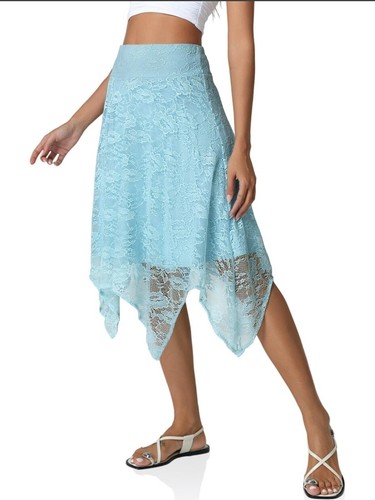 Womens Lace Midi Skirt Elegant Waist Stretchy Mesh Flowy Long Skirt BLUE