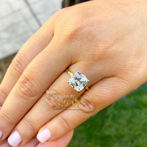 GROSSER 14K GELBGOLD KISSENSCHLIFF SIMULIERTER DIAMANT VERLOBUNGSRING BRAUT 4,00 KT - Bild 9 von 11