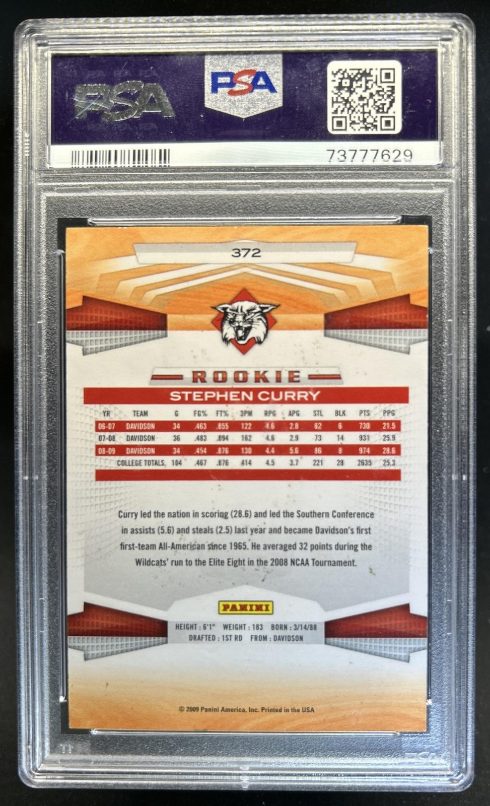2009-10 Panini Stephen Curry IP Auto Autograph Rookie RC #372 PSA AUTH view 2