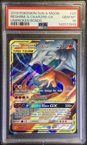 Pokemon Reshiram & Charizard GX Tag Team #20 2019 Unbroken Bonds PSA 10 Gem Mint