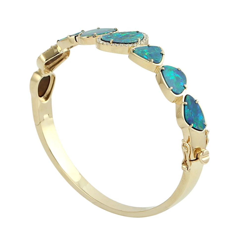 Brazalete de diamantes dobles de ópalo de oro amarillo de 14 quilates con piedras preciosas de 8,04 quilates joyería de 0,27 quilates Foto 4 de 4