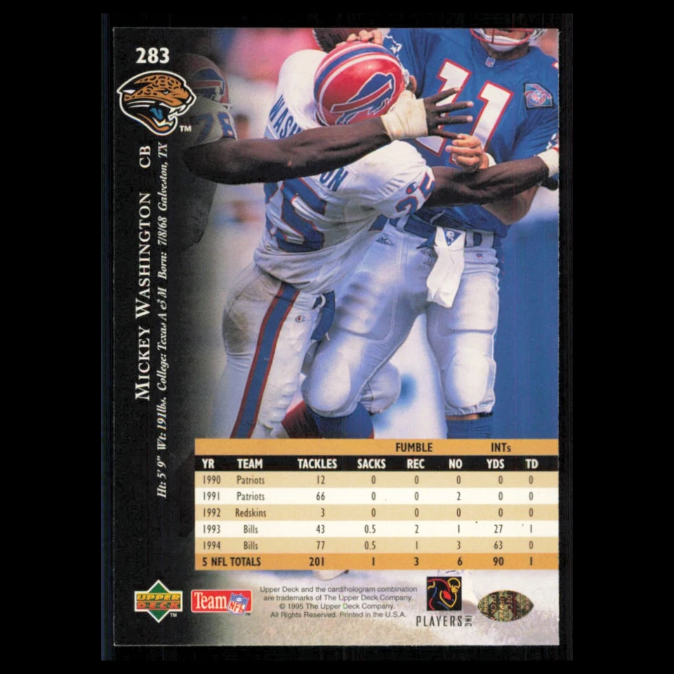 Mickey Washington #283 1995 Upper Deck Jacksonville Jaguars Football Card NFL NM - Image 2 of 3