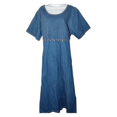 Keren Hart Denim Maxi Dress Blue Pleated Yoke teacher mom Side Slits XL vintage