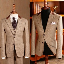 Men's Wedding Tuxedos Houndstooth 3 Pcs Jacket Vest Pants Classic Fit Customized