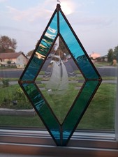 Stained Glass Suncatcher Etched Sailboat Ship Aqua Diamond