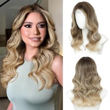 Ombre Blonde Wave Wigs for Women 18 Inch Medium Length Wigs Middle Part Curly...