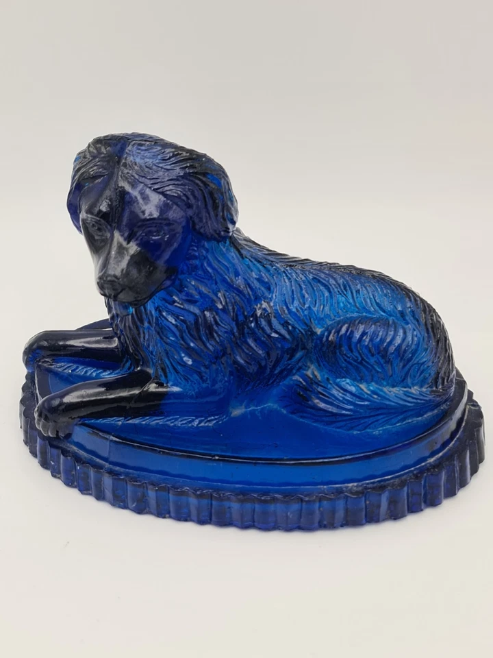 VICTORIAN COBALT BLUE PRESSED GLASS NEWFOUNDLAND DOG JOHN DERBYSHIRE 19thC RARE - Image 3 of 4