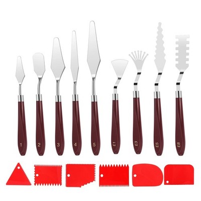 Professional Palette Knives Set 15pcs w/Scrapers Stainless Steel Wood Handle
