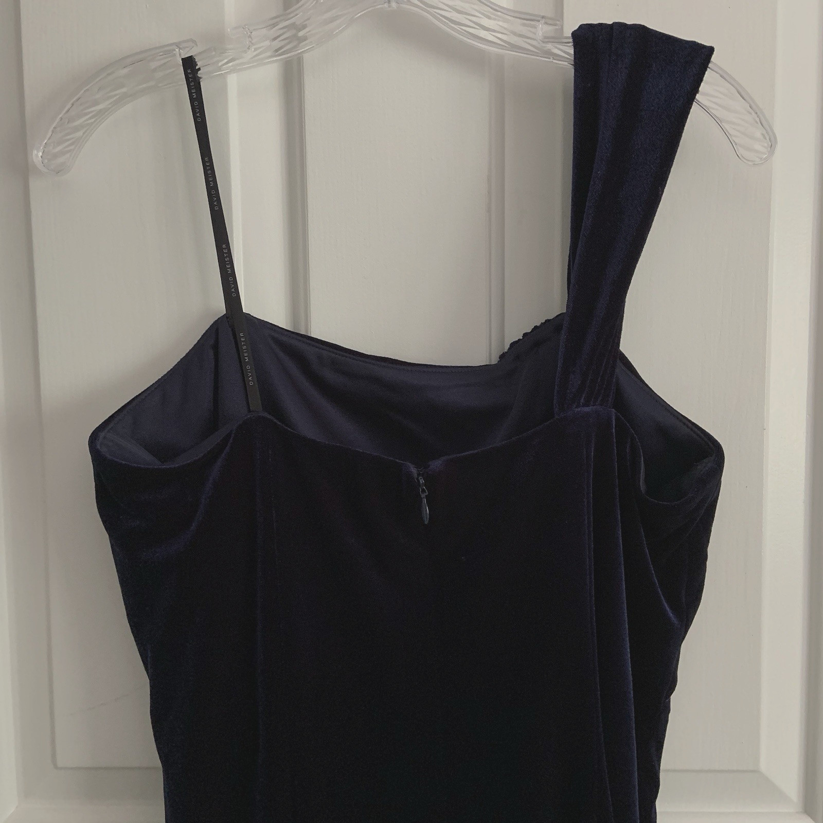David Meister Boned support Blue Velvet one shoulder Party Cocktail Dress sz 10