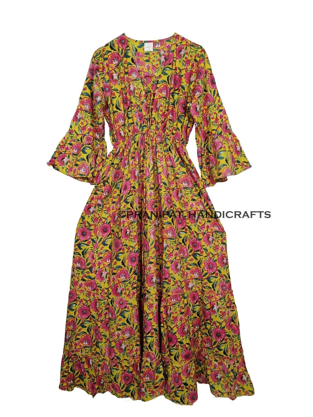 Indian Cotton Floral Print Blouson Beach Cover up Yellow Summer Party Wear Dress