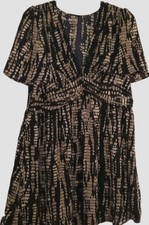 Ladies Black Brown Patterned V Neck Shirred Back Waist Dress Size 18