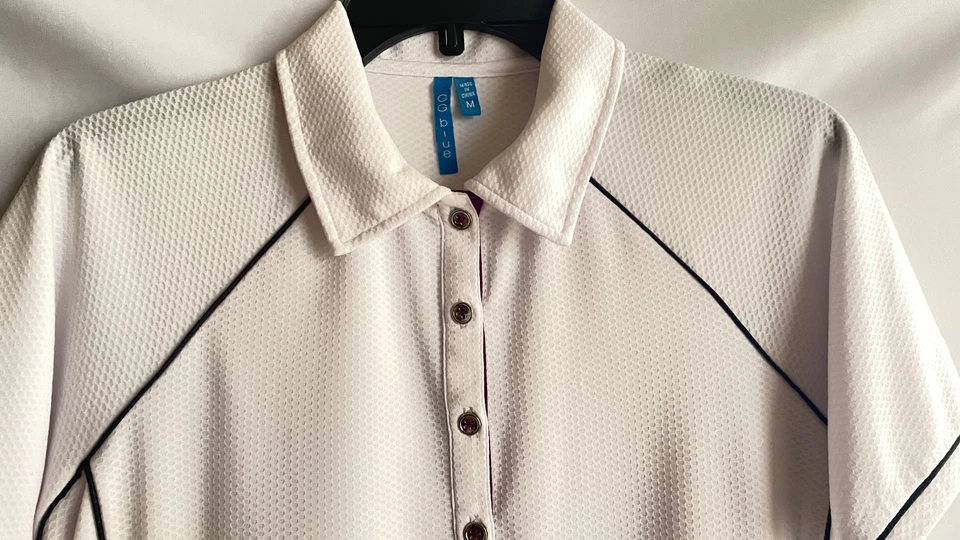Damen GG Blau Kurzarm Golf Shirt Gr. M Weiß mit Schwarz und Auberginenbesatz - Bild 3 von 4