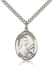 Saint Therese Of Lisieux Medal For Men - .925 Sterling Silver Necklace On 24...