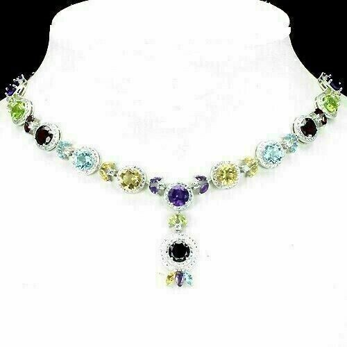 Silver Necklace Citrine Peridot Topaz Garnet Genuine Gems Solid Sterling 19 1/2 - Picture 11 of 24