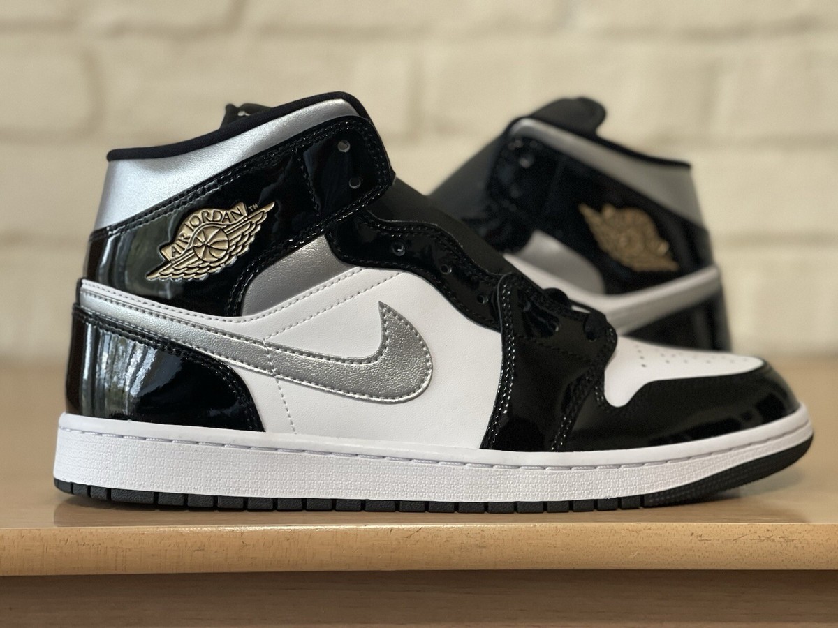 Nike Air Jordan 1 Mid SE Black Patent Silver White Men Size