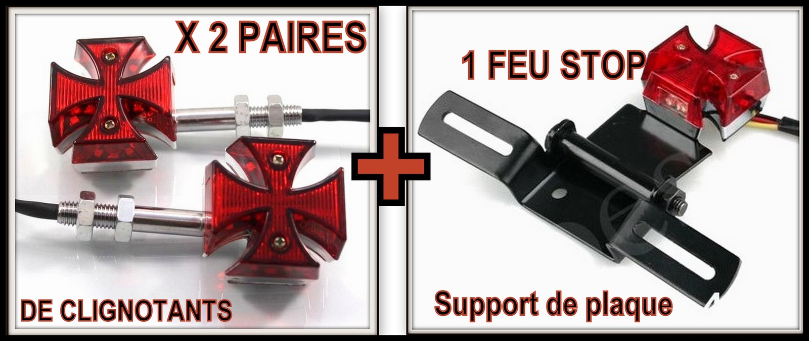 Support de plaque moto noir avec 4 clignotants LED Croix de Malte
