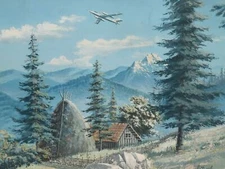 1957 realist gouache painting forest house landscape