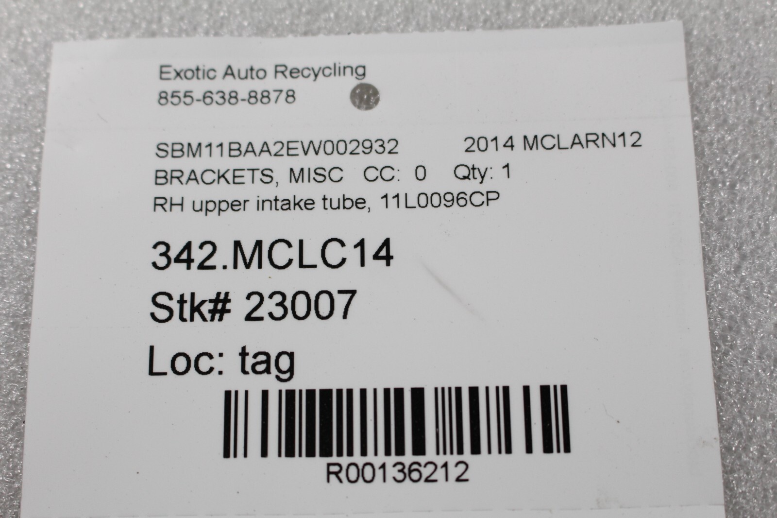 Mclaren MP4-12C, RH, Right, Upper Intake Tube Bracket, Used, P/N 11L0096CP