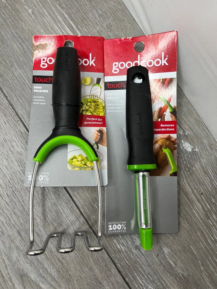 Lot/2 GoodCook Touch Tools: Mini Masher & Swivel Peeler, Black/Green - Image 2 of 4