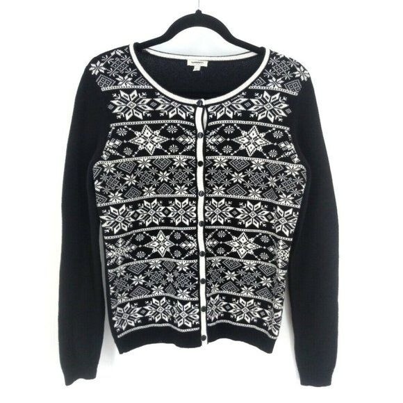 Talbots Petite Snowflake Print Black White Button Front Cardigan Sweater for Women-image