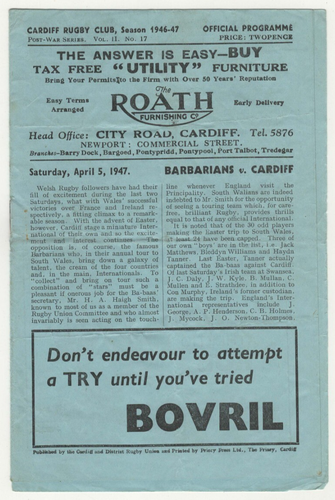 Cardiff v Barbaren 1947 Rugby Union Programm