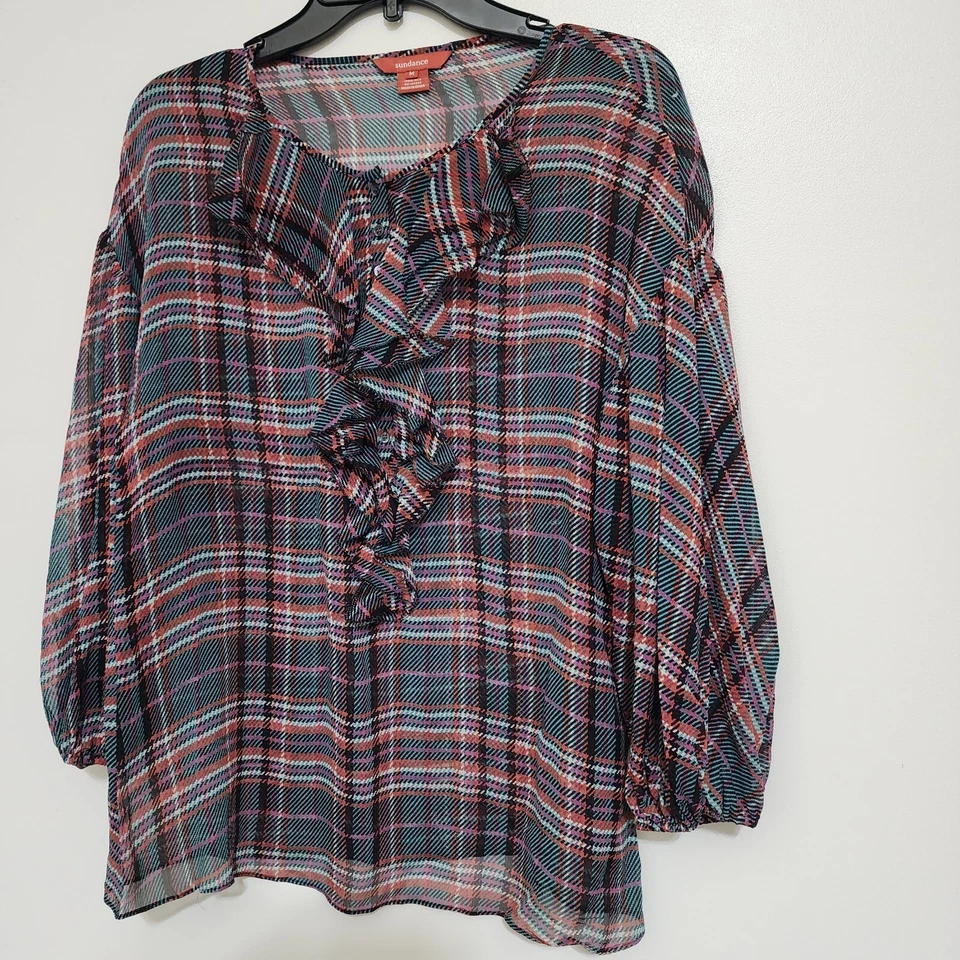 Blusa occidental verde SUNDANCE talla mediana 100 % seda tartán a cuadros volantes transparentes Foto 2 de 4