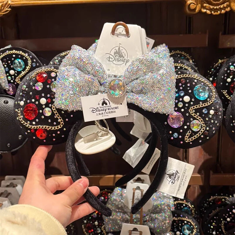 Обруч для волос Shanghai Disney 2023 Minnie Mouse Ear черный бархат серебристый бант с блестками - Изображение 2 из 4