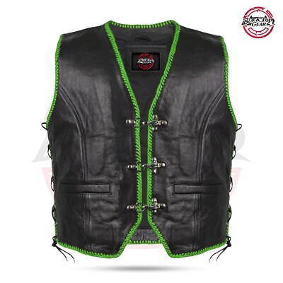 Men's Genuine Black Leather Biker Vest Green Braided Motorcycle Waistcoat  - Main Image
