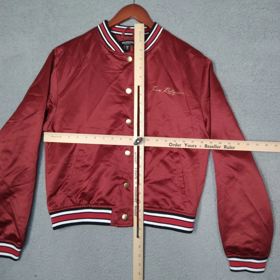 True Religion Red Dahlia Satin Gold Womens Varsity Bomber Jacket Medium - Image 4 of 4