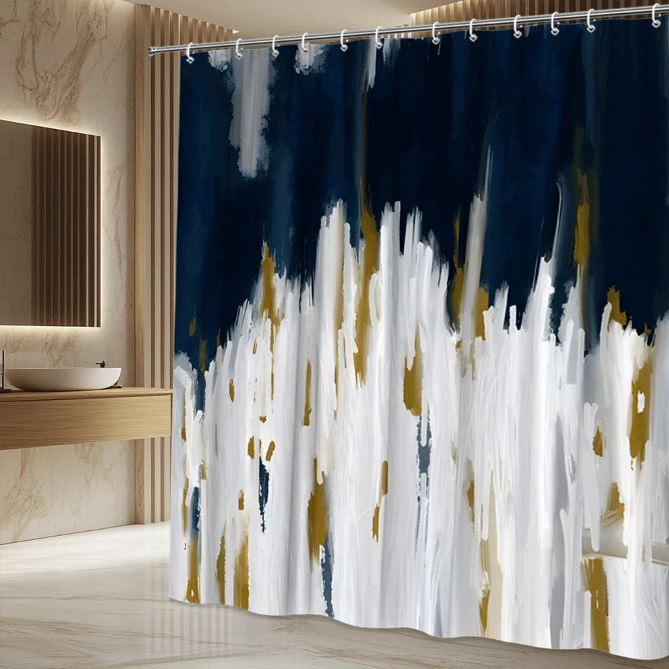 Moderna cortina de ducha abstracta pincelada pintura artística dorada blanca azul marino Foto 3 de 4