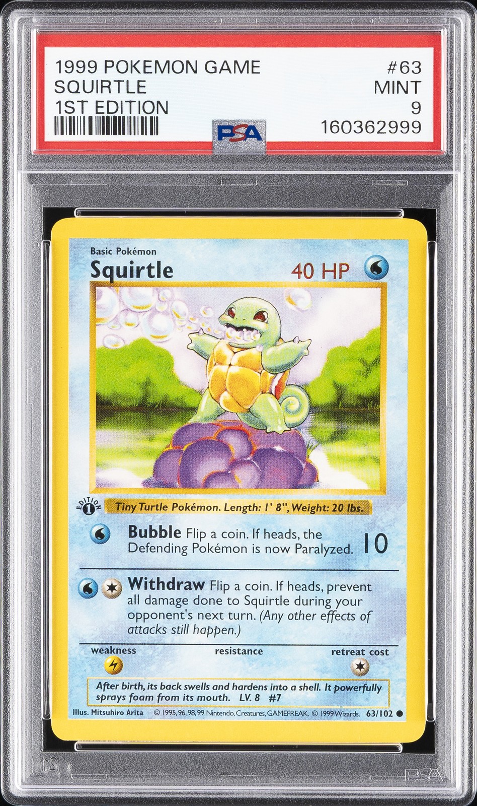 1999 POKEMON BASE SET 1ST EDITION #63 SQUIRTLE PSA 9
