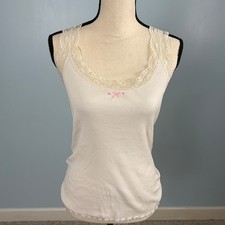 Coquette Lace Trim Ribbed Tank Ivory Y2K Hand Embroidered Bow Top L
