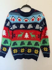 ALDI GEAR Holiday Sweater XS Navy Multi Ugly Tacky Christmas Reindeer Crewneck