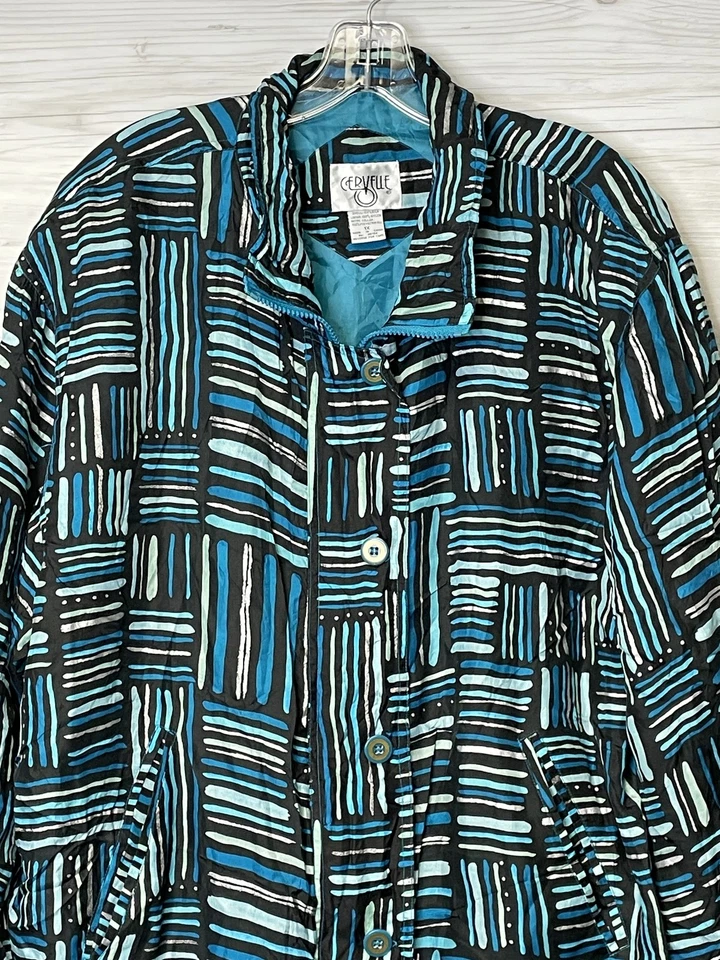 Jaqueta Cervelle Feminina 1X Preta Azul Seda Abstrata Acolchoada Botão para Cima Leve - Imagem 2 de 4