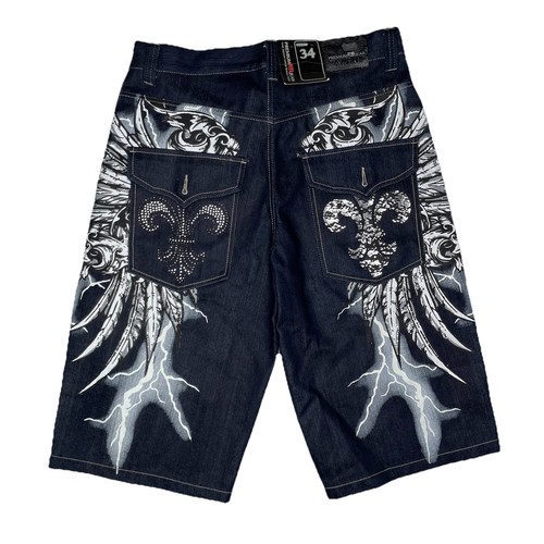 NEW Y2K RAW BLUE Denim Lightning Jeans Shorts Size 34 Embroidered Baggy Hip Hop