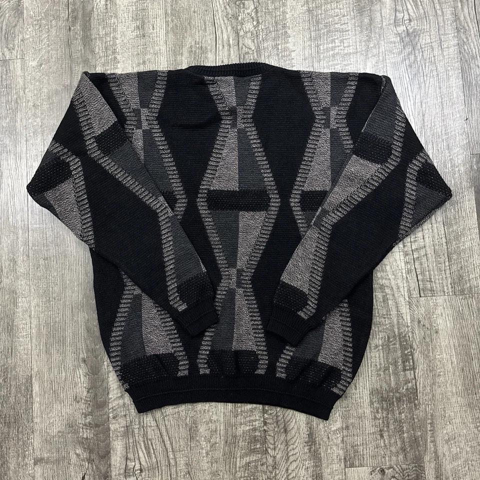 Suéter de malha vintage PDX Jantzen geométrico abstrato vovô preto GG - Imagem 2 de 4