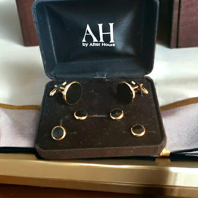 After Hours Men's Formal Wear Cufflinks and Stud Black and Gold Tone w Box (D100