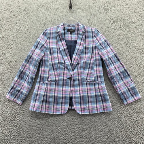 Talbots Womens Linen Blend Jacket Blazer 6 Petite Blue Pink Plaid Preppy