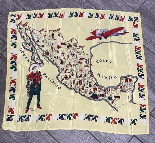 Vtg 50s Mexico Souvenir Map Scarf Golf Or Mexico Mid Century Yellow Hanker chief