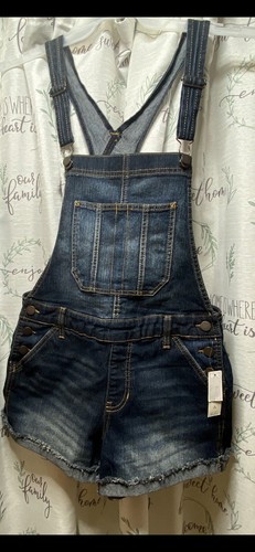 No Boundaries NOBO Denim Shortall Bib Overall Shorts Juniors Small (3-5) Cuffed