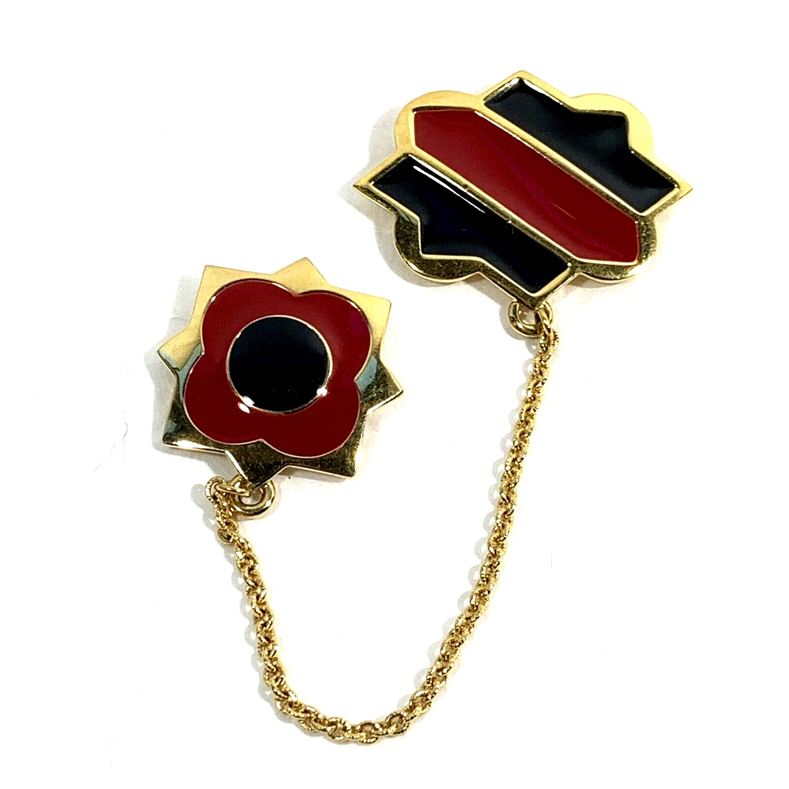 Vintage Signed MONET Red Black Enamel Shield Star Double Brooch Pin With Chain