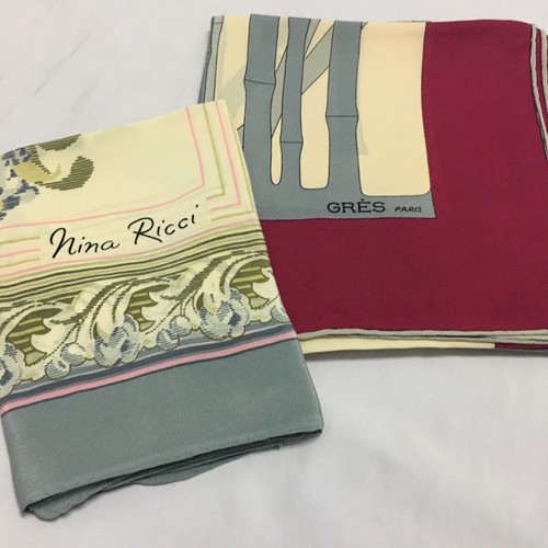 Nina Ricci,Gres Paris Scarf 100% Silk Flower Bird Set 2 Pieces Beautiful - Foto 11 di 11
