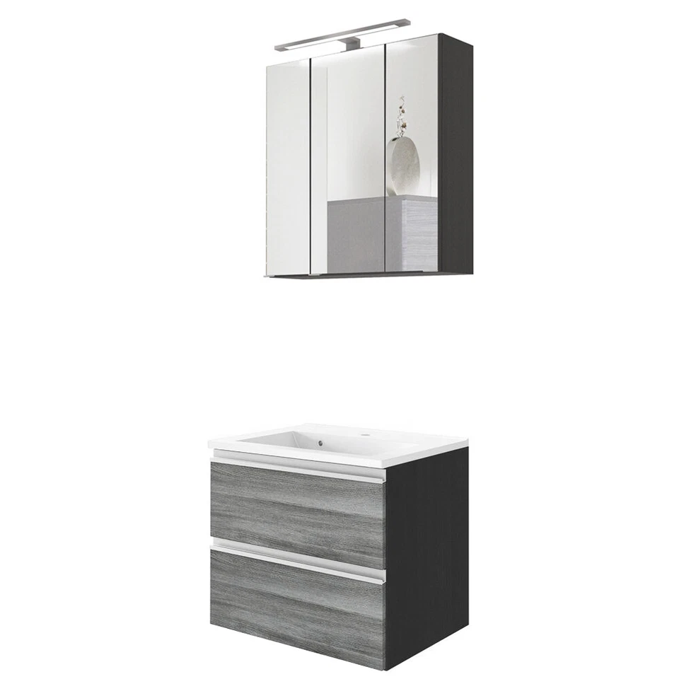 Badezimmermöbel Waschtisch Set 60cm Eiche Grau mit LED-Spiegelschrank Gäste-WC