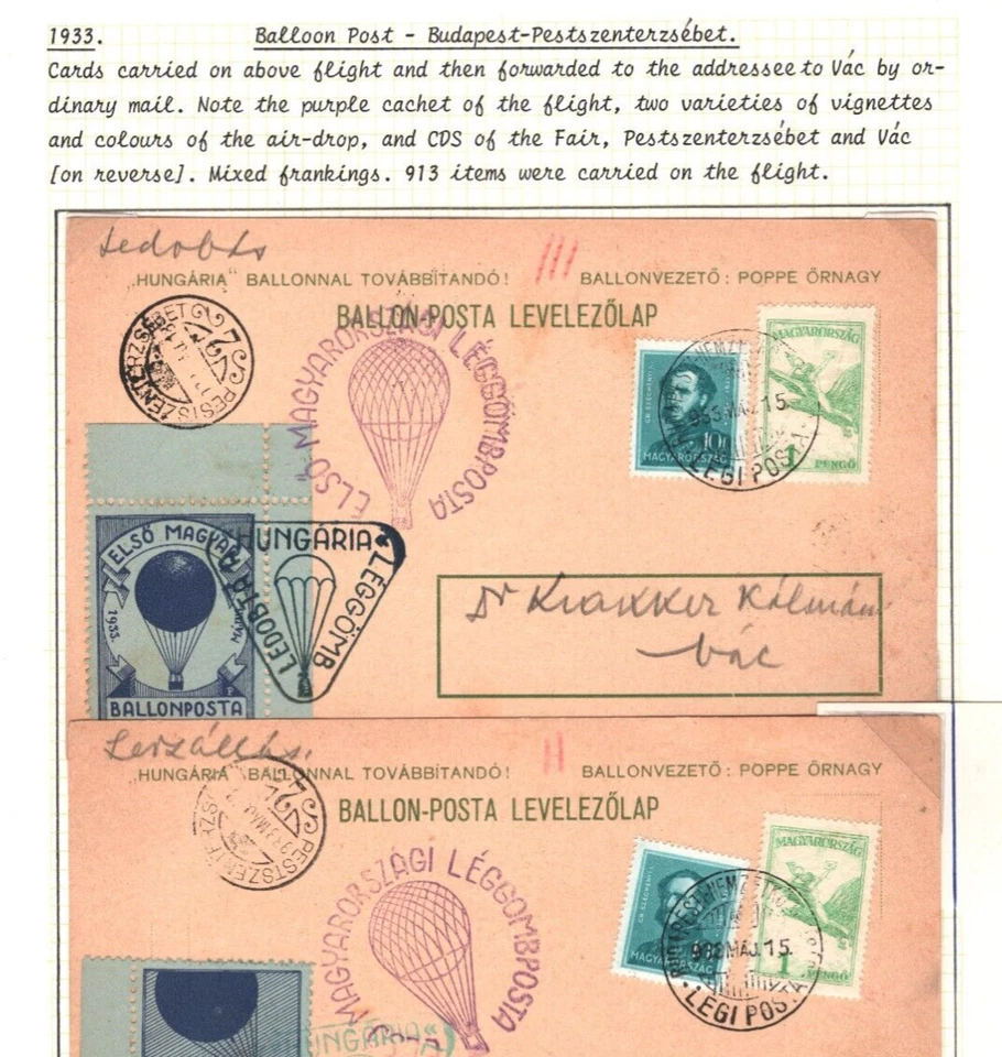 HUNGARY Air Mail *BALLOON POST* Cards{2} 1933 Vac DIFFERENT VIGNETTES MAL721 - Image 2 of 4