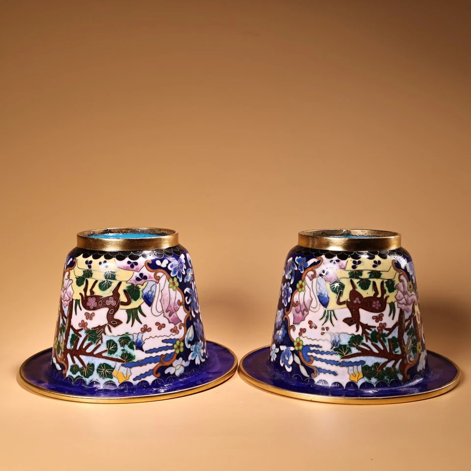 Par de macetas bonsái de ciervo animal bronce esmalte cloisonne de 6,5" de colección Foto 4 de 4