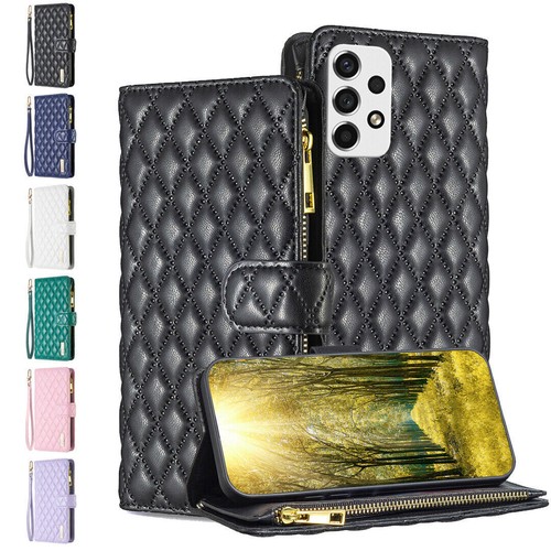 Grid Leather Card Wallet Phone Case For Samsung A23 A13 A53 A73 A22 A32 A33  - 第 1/71 張圖片