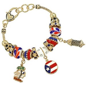 Puerto Rico Charm Bracelet Beaded Gold Blue Red Flag Palm Tree