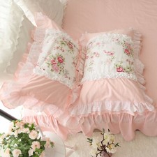 Pink Floral Roses Ruffles Lace Cotton Pillow Case Standard Size Pillowcovers 2pc